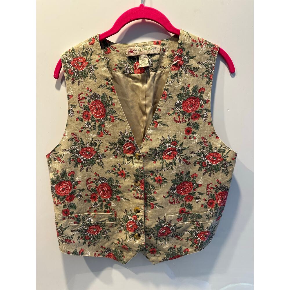 Roo Crossing Petite Women’s Waistcoat Vest Floral Beige Linen Cotten Small Vtg
